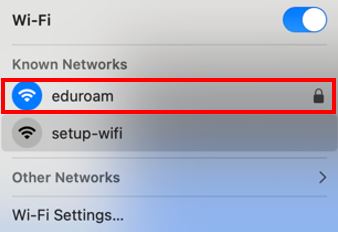 macOS Wifi settings menu screen with highlighted option to show eduroam connected